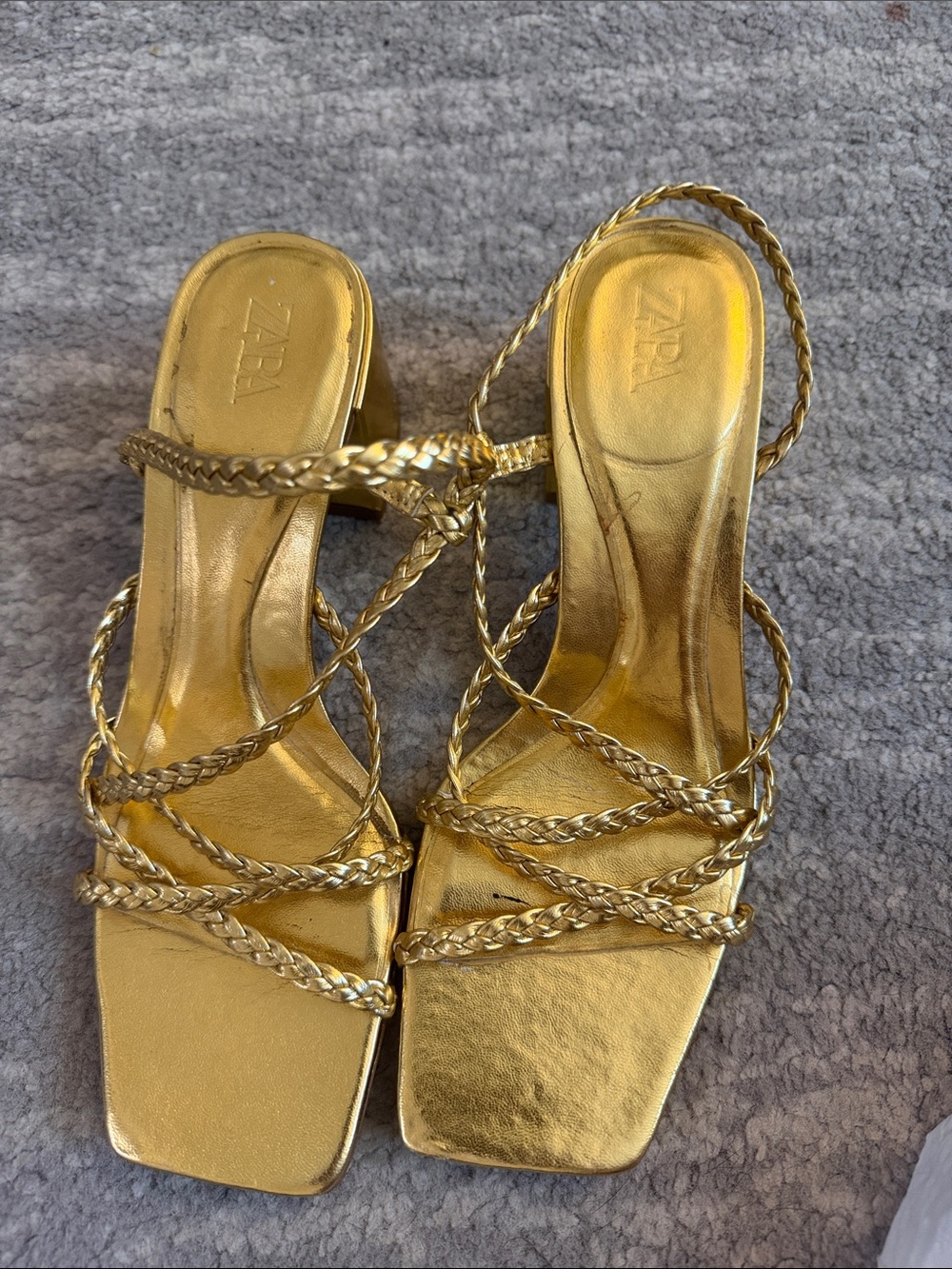 Zara Metallic Gold Braided-Strap Heels